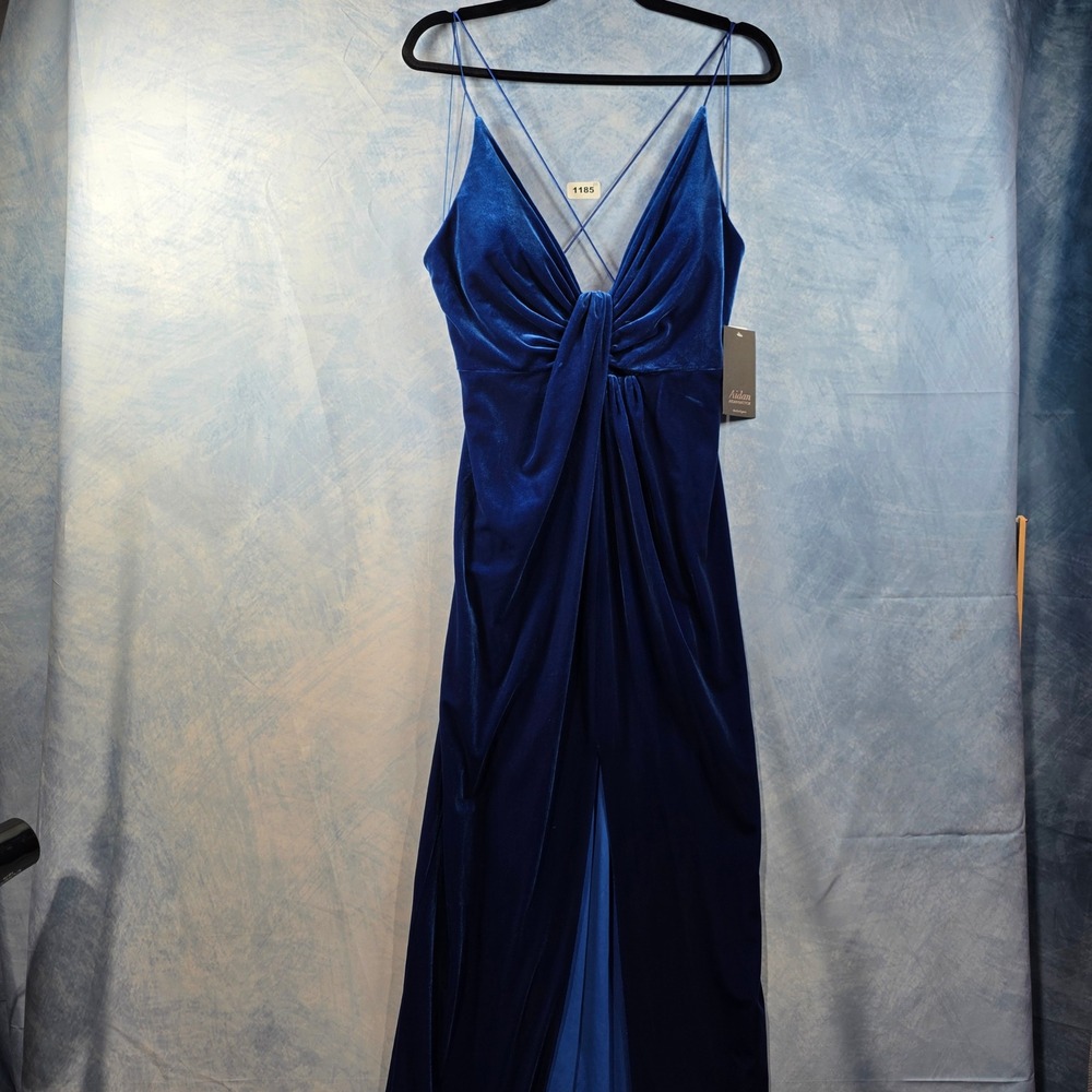 Aidan Mattox Velvet V-Neck‎ Tie Front Gown Deep Ocean Blue MN1E207612 Womens 10